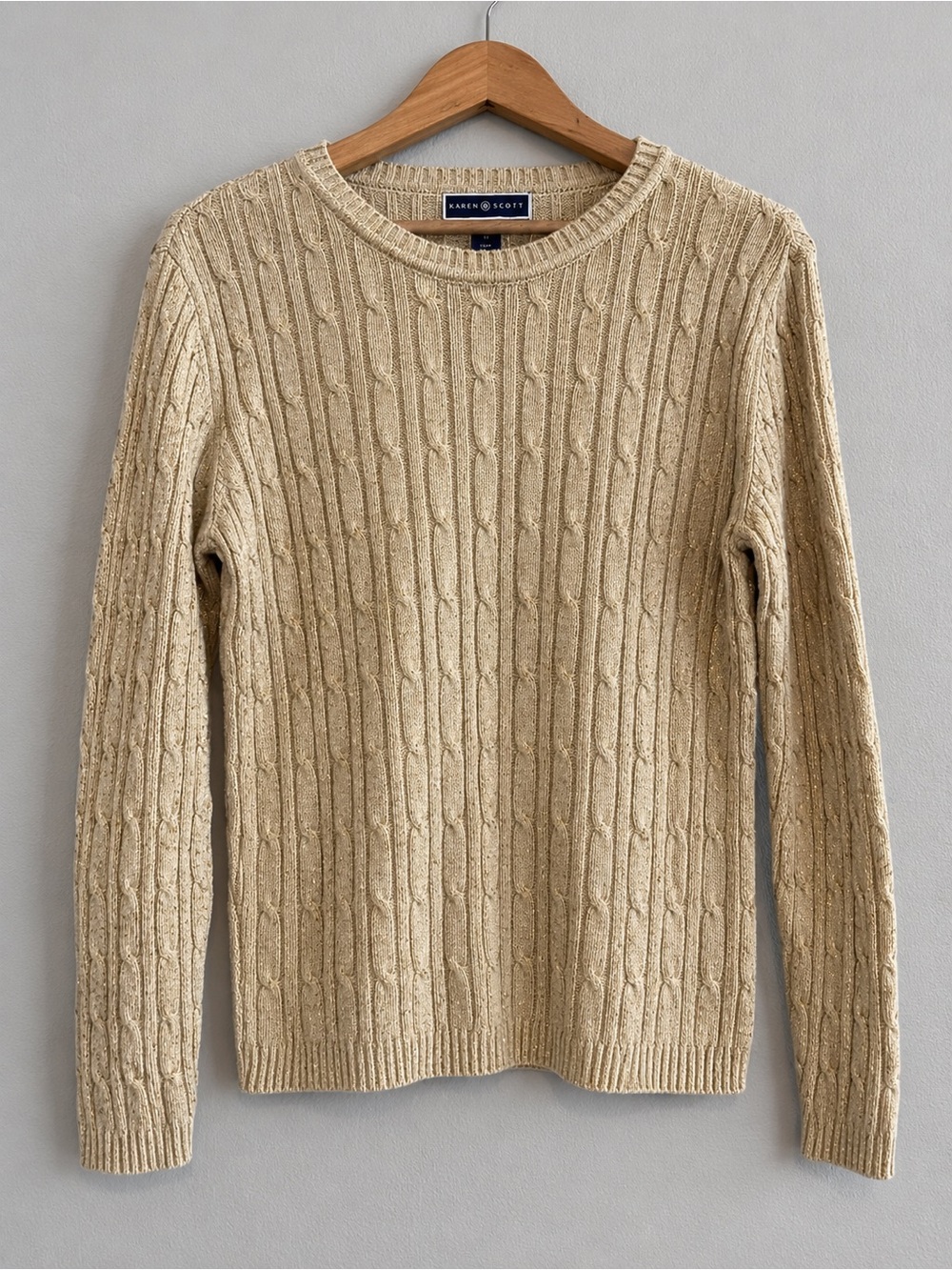 Karen Scott Women’s M Beige Gold Metallic Cable Knit Crewneck Sweater